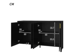 Aparador minimalista negro, con tiradores dorados, estantes regulables, MDF (140x38x80 cm)