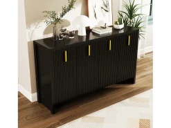 Aparador minimalista negro, con tiradores dorados, estantes regulables, MDF (140x38x80 cm)