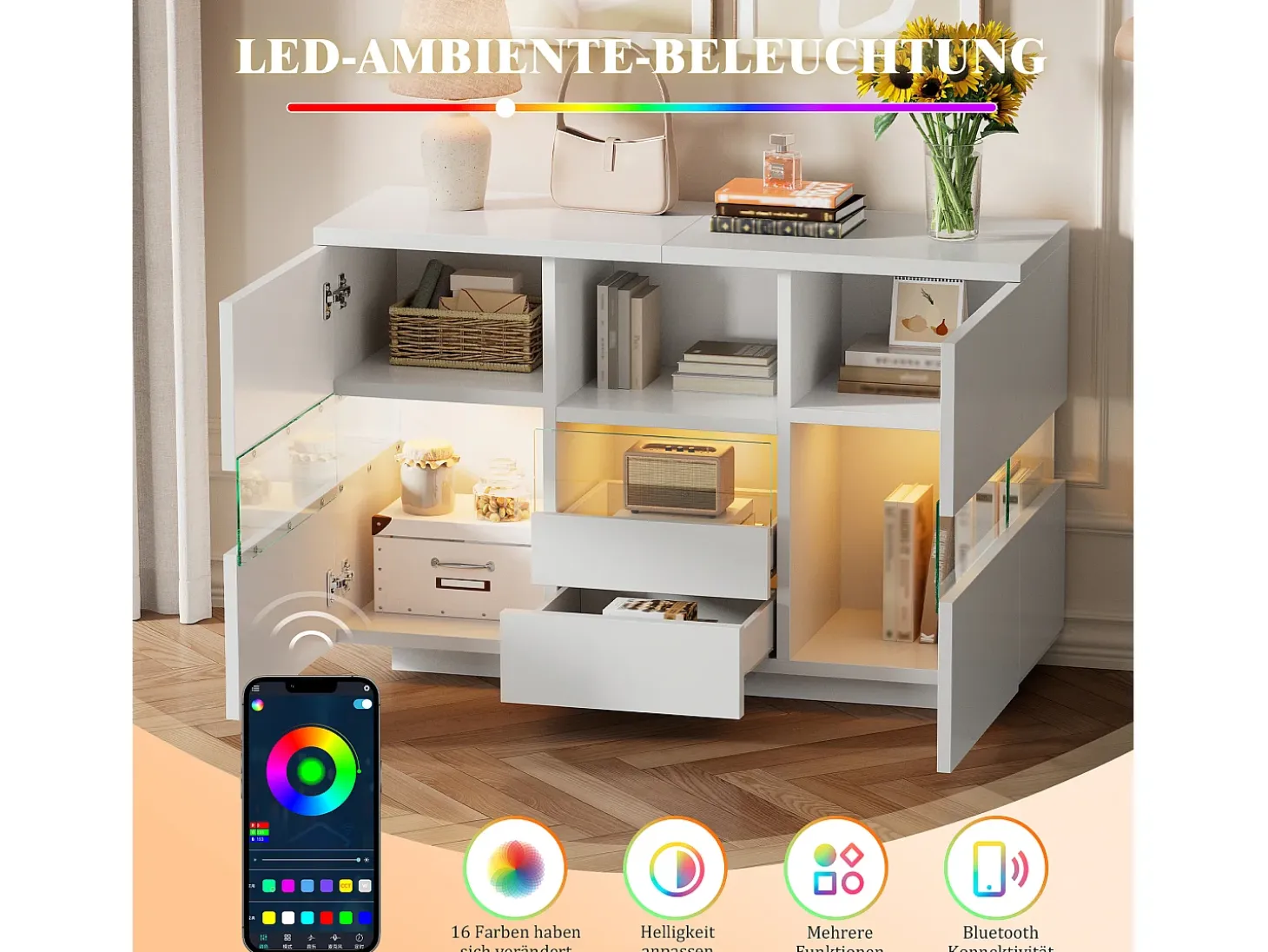 Aparador minimalista para salón - 140 x 35 x 75 cm - con 2 puertas + 2 cajones + estantes + LED - madera - blanco