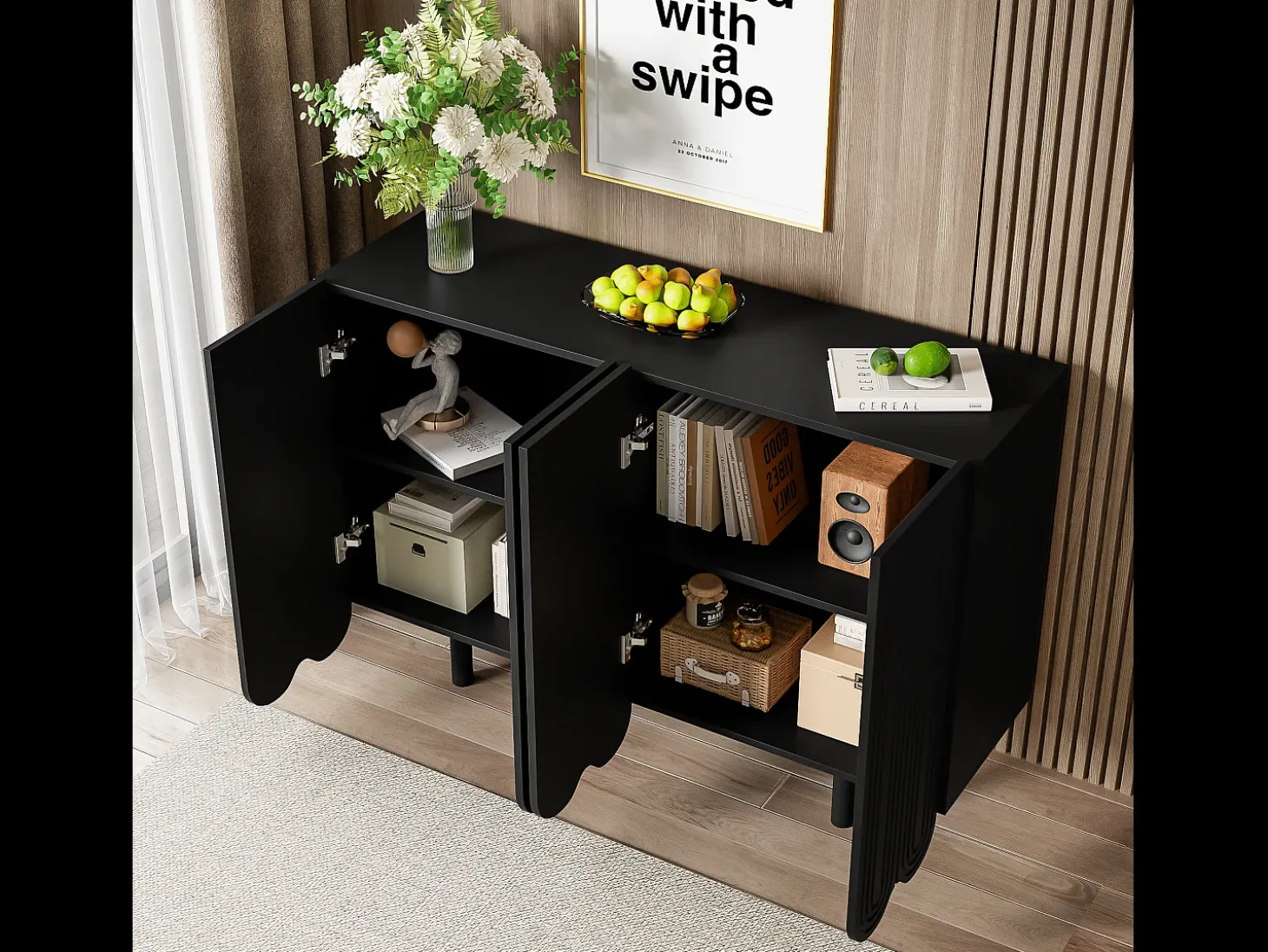 Aparador moderno - 4 puertas en forma de U con estantes - Negro