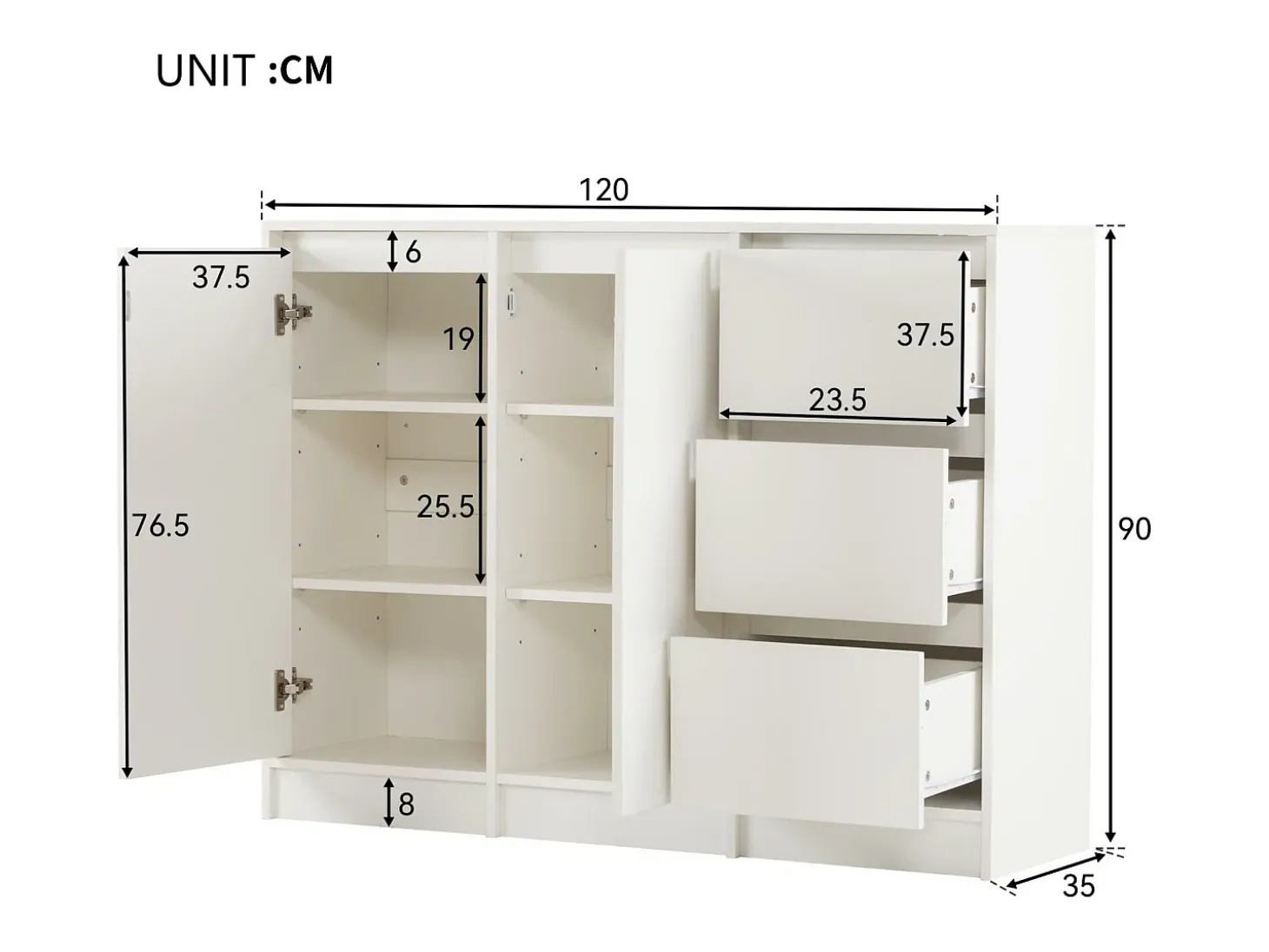 Aparador moderno - 2 puertas y 3 cajones - con estantes ajustables - Blanco