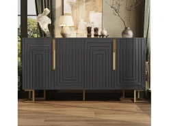 Aparador moderno - 152 x 40 x 75 cm - con 4 puertas + patas doradas - MDF - negro