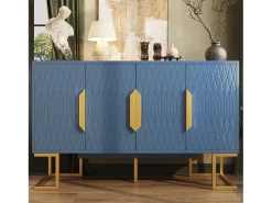 Aparador moderno - 140 x 40 x 80 cm - con 4 puertas y 2 estantes ajustables - patas doradas - MDF + metal - azul