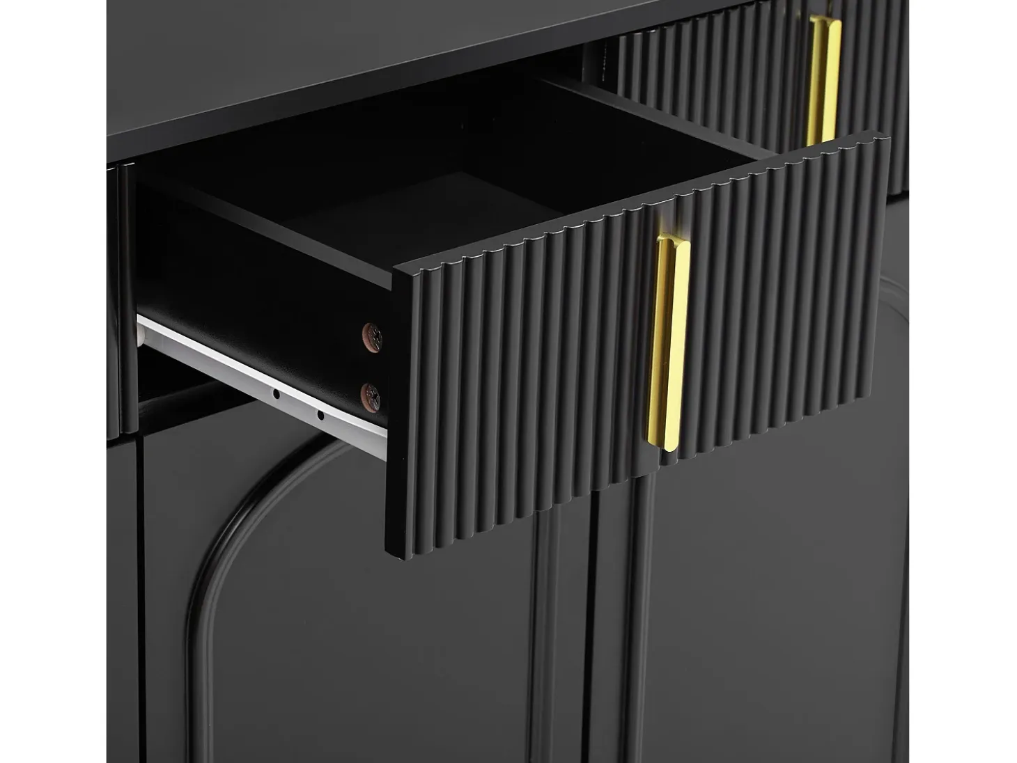 Aparador moderno, 4 puertas, 4 cajones, acabado madera y negro, con detalles dorados (140x37,8x82 cm)