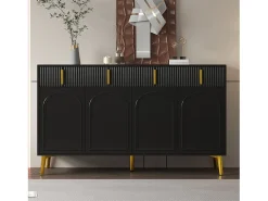 Aparador moderno, 4 puertas, 4 cajones, acabado madera y negro, con detalles dorados (140x37,8x82 cm)