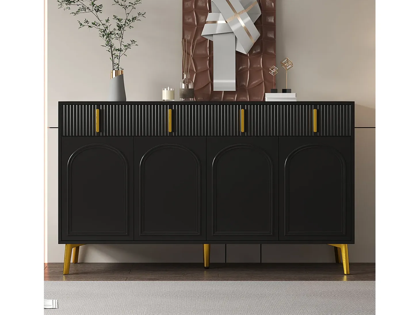 Aparador moderno, 4 puertas, 4 cajones, acabado madera y negro, con detalles dorados (140x37,8x82 cm)