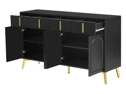 Aparador moderno, 4 puertas, 4 cajones, acabado madera y negro, con detalles dorados (140x37,8x82 cm)