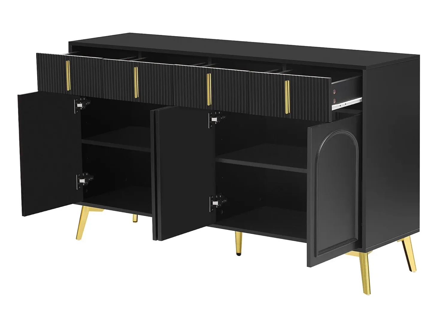 Aparador moderno, 4 puertas, 4 cajones, acabado madera y negro, con detalles dorados (140x37,8x82 cm)