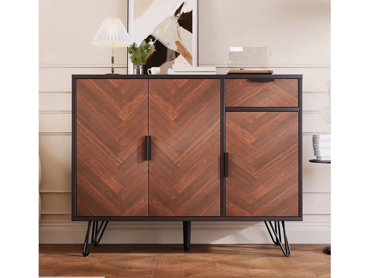 Aparador moderno con 1 cajón y estantes regulables, fabricado en MDF y tablero de partículas, color negro y madera (90x30x71,5 cm)