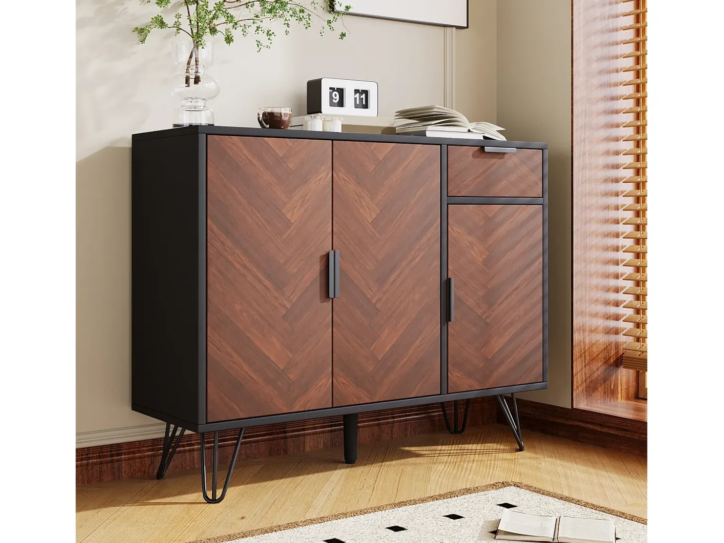Aparador moderno con 1 cajón y estantes regulables, fabricado en MDF y tablero de partículas, color negro y madera (90x30x71,5 cm)