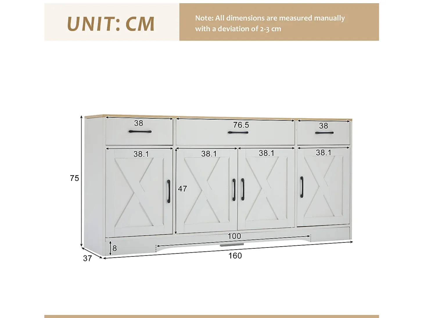 Aparador moderno con 4 puertas y 3 cajones - 160 x 37 x 75 cm - Madera MDF - Estantes regulables - Blanco y madera