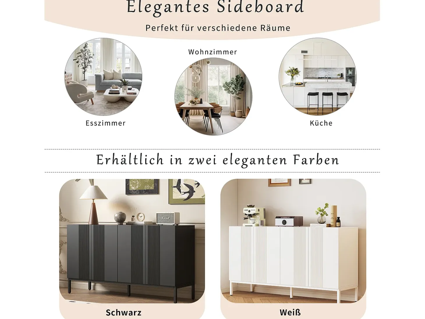 Aparador moderno con 4 puertas - 140 x 41,5 x 80 cm - MDF y tableros de partículas - para salón o cocina - Negro