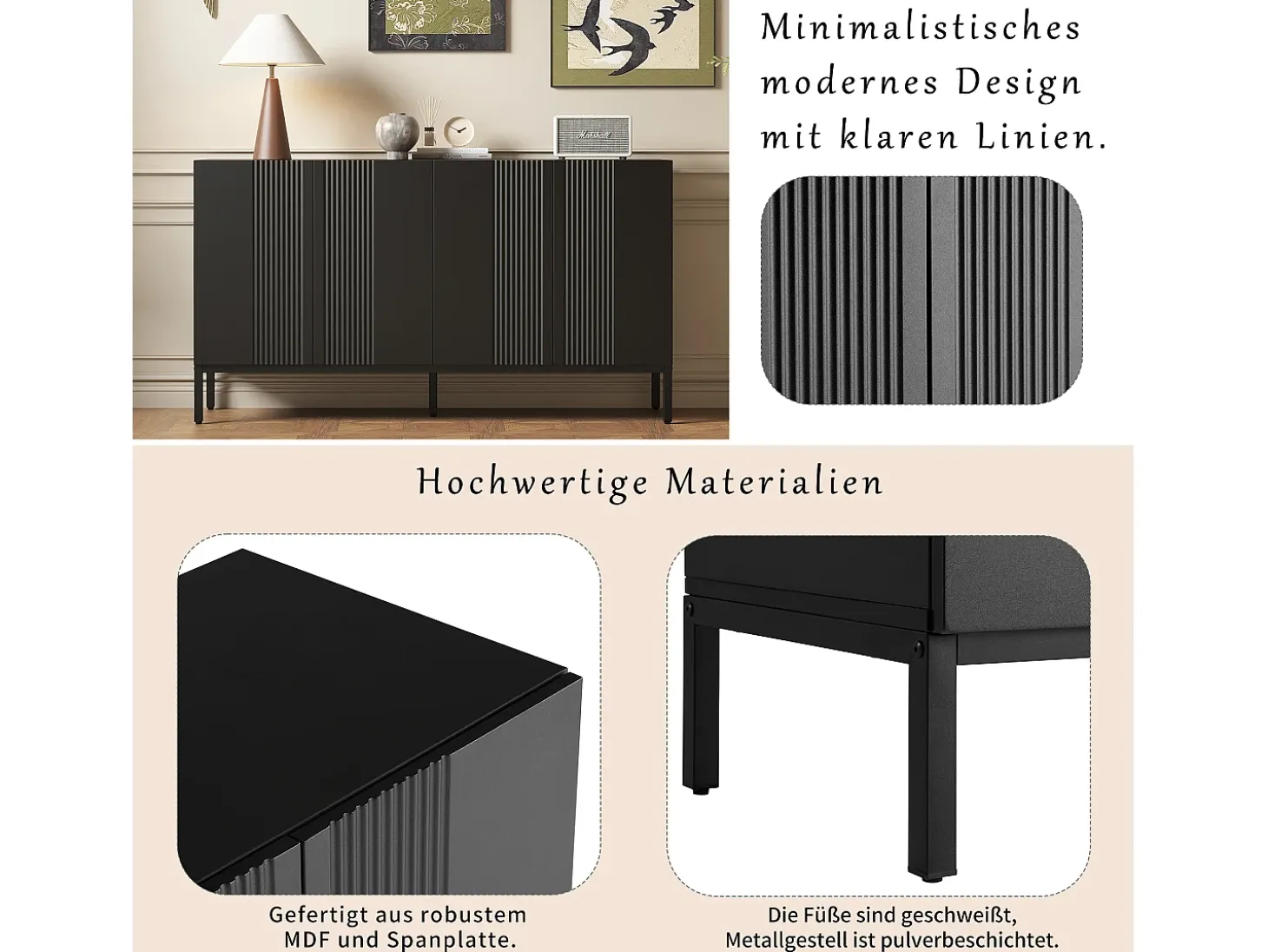 Aparador moderno con 4 puertas - 140 x 41,5 x 80 cm - MDF y tableros de partículas - para salón o cocina - Negro