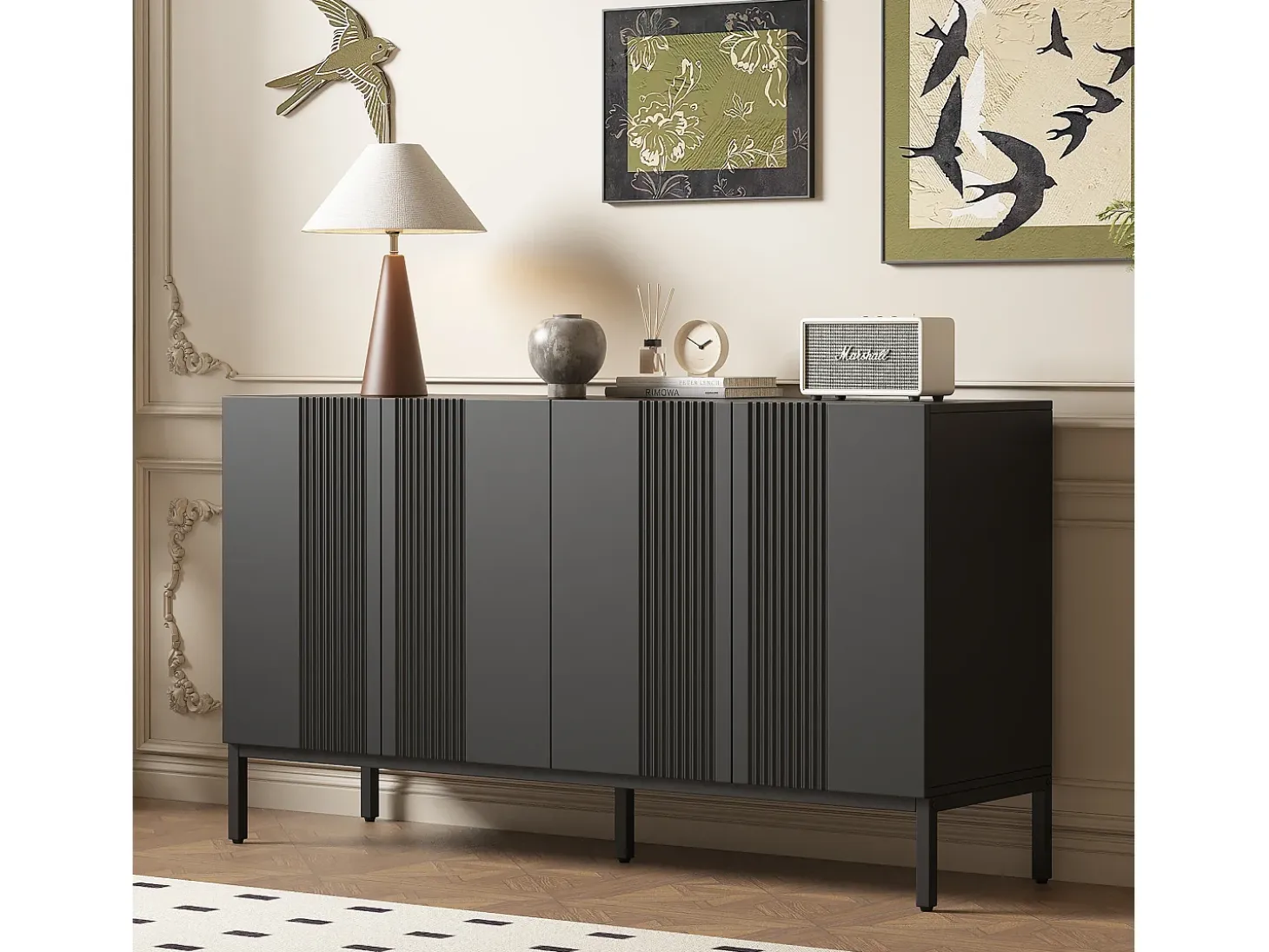 Aparador moderno con 4 puertas - 140 x 41,5 x 80 cm - MDF y tableros de partículas - para salón o cocina - Negro