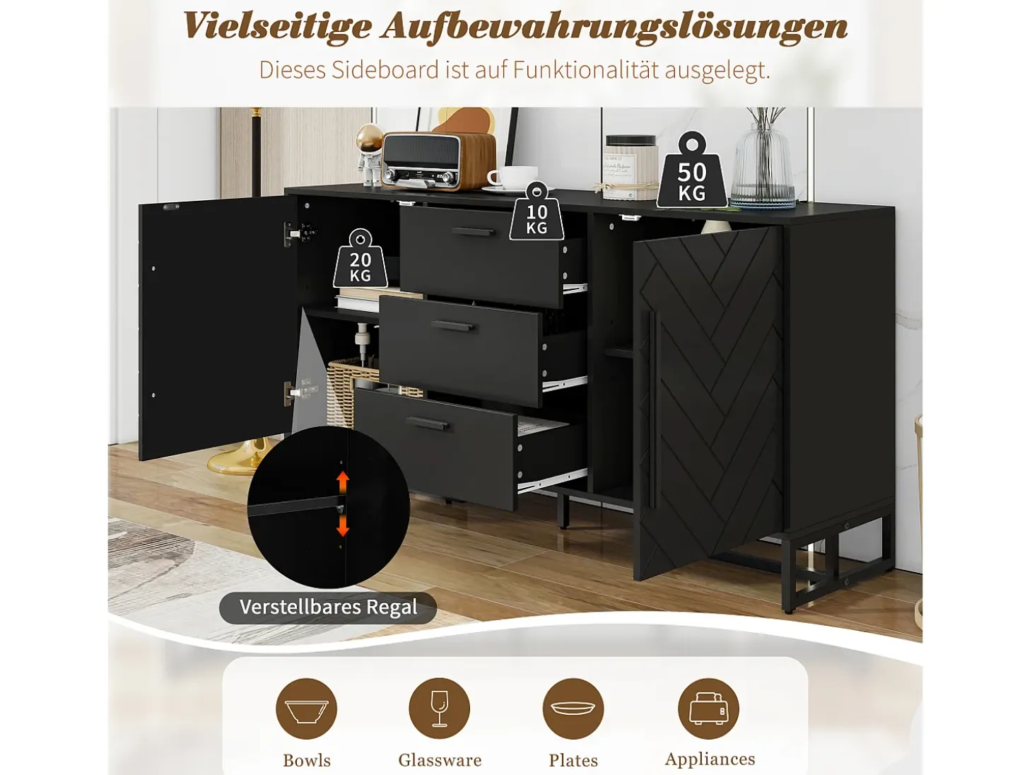 Aparador moderno con 2 puertas y 3 cajones - 145 x 40 x 75 cm - MDF - para salón o cocina - Negro