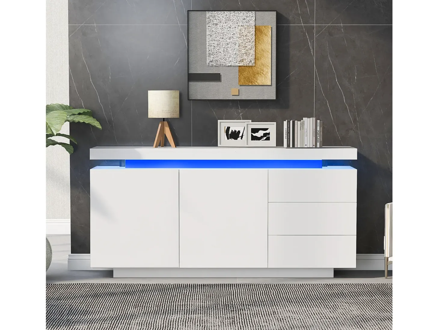 Aparador moderno con 2 puertas y 3 cajones, superficie brillante, iluminación LED, diseño sin tiradores, para salón, 140×35×72,5 cm, blanco