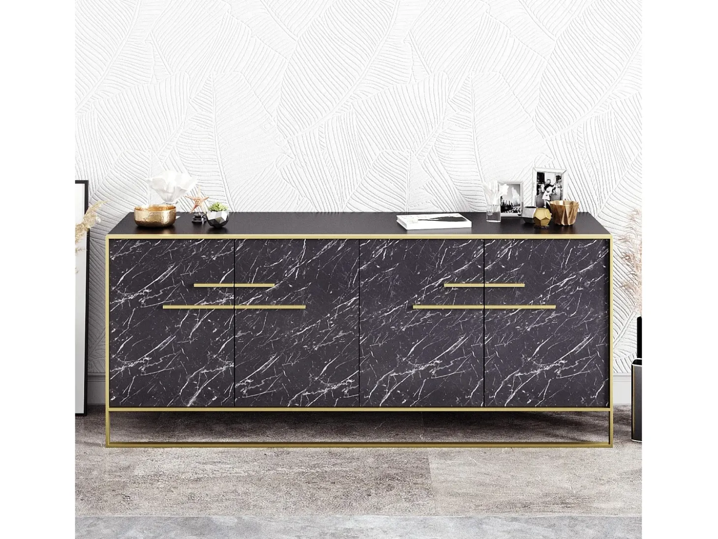 Aparador moderno con acabado dorado y negro, 182 cm | Tablero de partículas 100 % melaminado, 100 % metal | Montaje en pared, elegante diseño de mármo