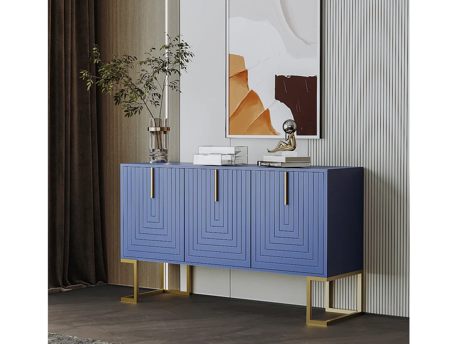 Aparador moderno con estantes regulables - 3 puertas en forma de U - tiradores y base de metal - Azul