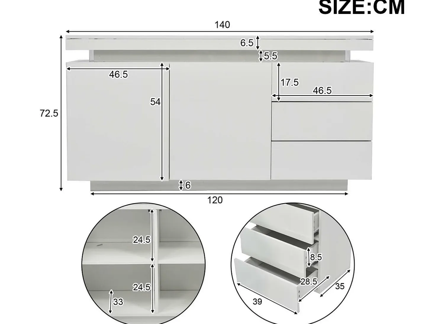 Aparador moderno con LED - 2 puertas y 3 cajones - Blanco