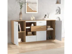 Aparador moderno con LED, 2 puertas y 4 cajones, diseño madera y blanco, 160x40x77 cm
