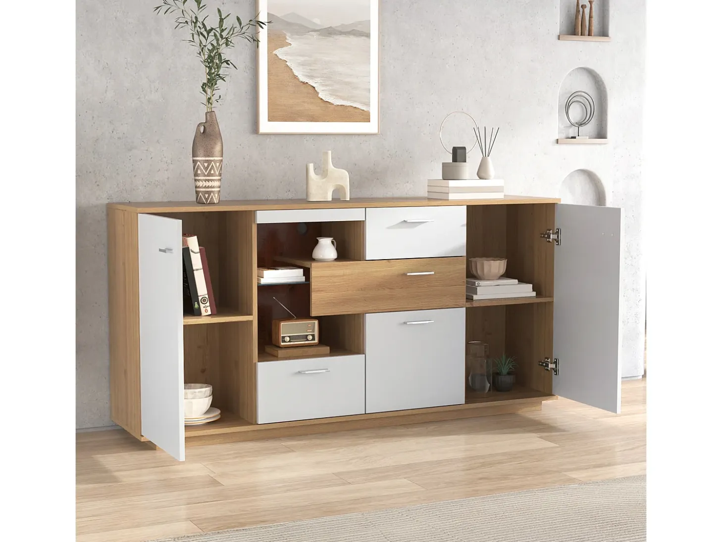 Aparador moderno con LED, 2 puertas y 4 cajones, diseño madera y blanco, 160x40x77 cm