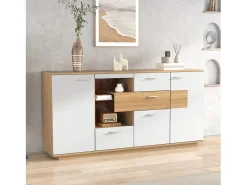 Aparador moderno con LED, 2 puertas y 4 cajones, diseño madera y blanco, 160x40x77 cm