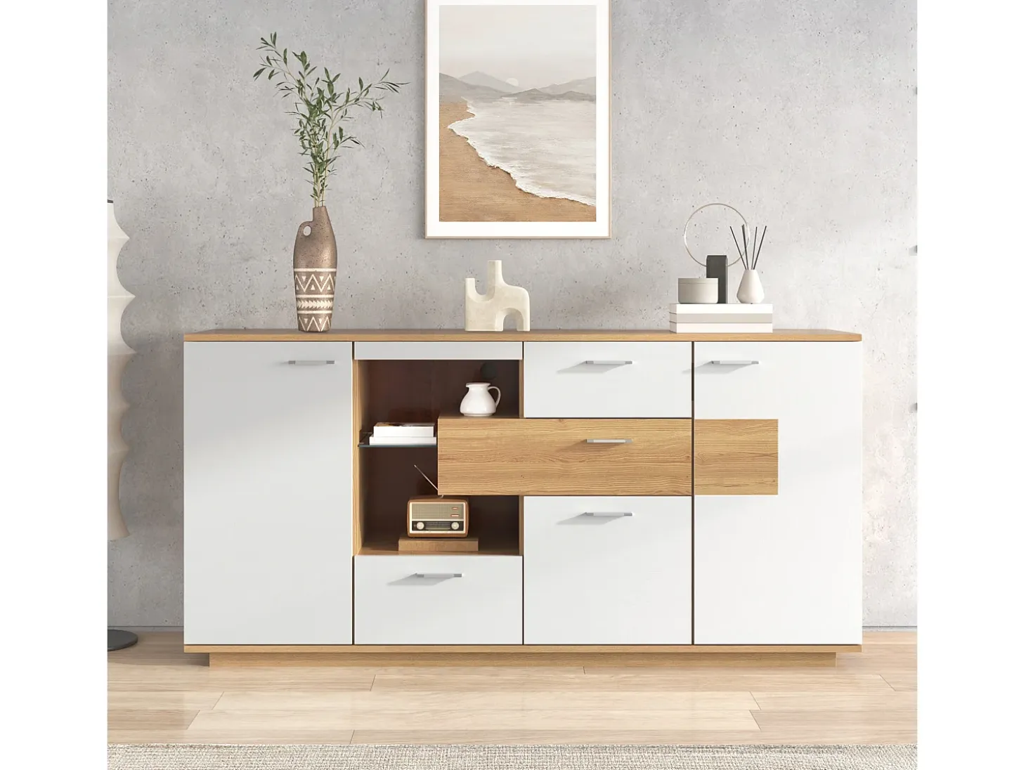 Aparador moderno con LED, 2 puertas y 4 cajones, diseño madera y blanco, 160x40x77 cm
