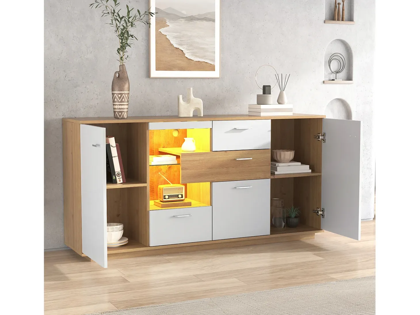 Aparador moderno con LED, 2 puertas y 4 cajones, diseño madera y blanco, 160x40x77 cm