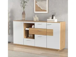 Aparador moderno con LED, 2 puertas y 4 cajones, diseño madera y blanco, 160x40x77 cm