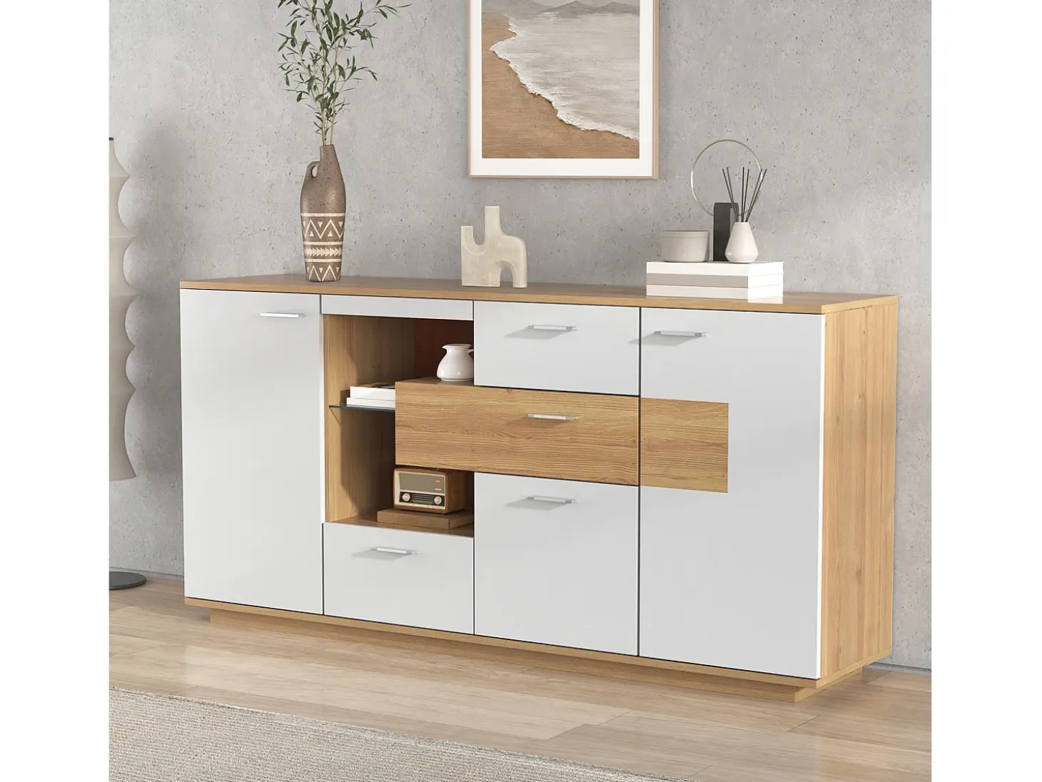 Aparador moderno con LED, 2 puertas y 4 cajones, diseño madera y blanco, 160x40x77 cm