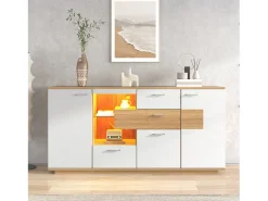 Aparador moderno con LED, 2 puertas y 4 cajones, diseño madera y blanco, 160x40x77 cm