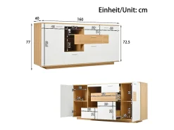 Aparador moderno con LED, 2 puertas y 4 cajones, diseño madera y blanco, 160x40x77 cm