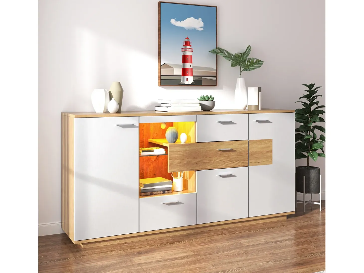 Aparador moderno con LED, 2 puertas y 4 cajones, diseño madera y blanco, 160x40x77 cm
