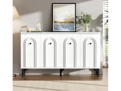 Aparador moderno de 4 puertas, frontal curvo 3D, estantes ajustables, para salón, 140x34x78cm, blanco