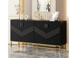 Aparador moderno de 4 puertas para salón - 160 x 40 x 80,5 cm - con patas de metal + estantes regulables - MDF - negro