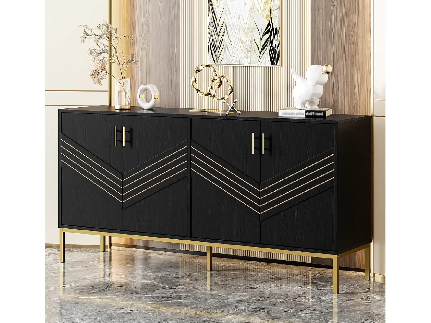 Aparador moderno de 4 puertas para salón - 160 x 40 x 80,5 cm - con patas de metal + estantes regulables - MDF - negro