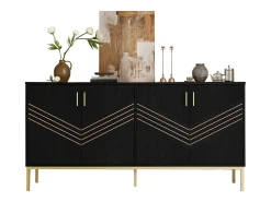 Aparador moderno de 4 puertas para salón - 160 x 40 x 80,5 cm - con patas de metal + estantes regulables - MDF - negro
