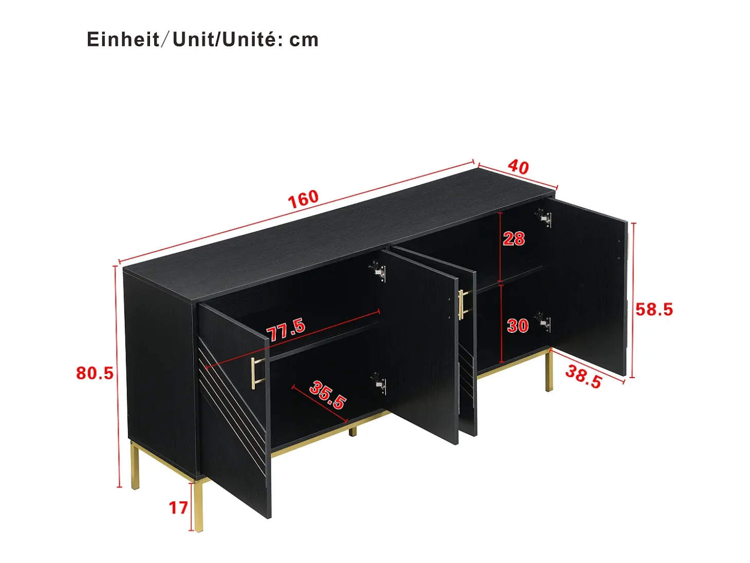 Aparador moderno de 4 puertas para salón - 160 x 40 x 80,5 cm - con patas de metal + estantes regulables - MDF - negro