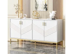 Aparador moderno de 4 puertas para salón - 160 x 40 x 80,5 cm - con patas de metal + estantes regulables - MDF - blanco