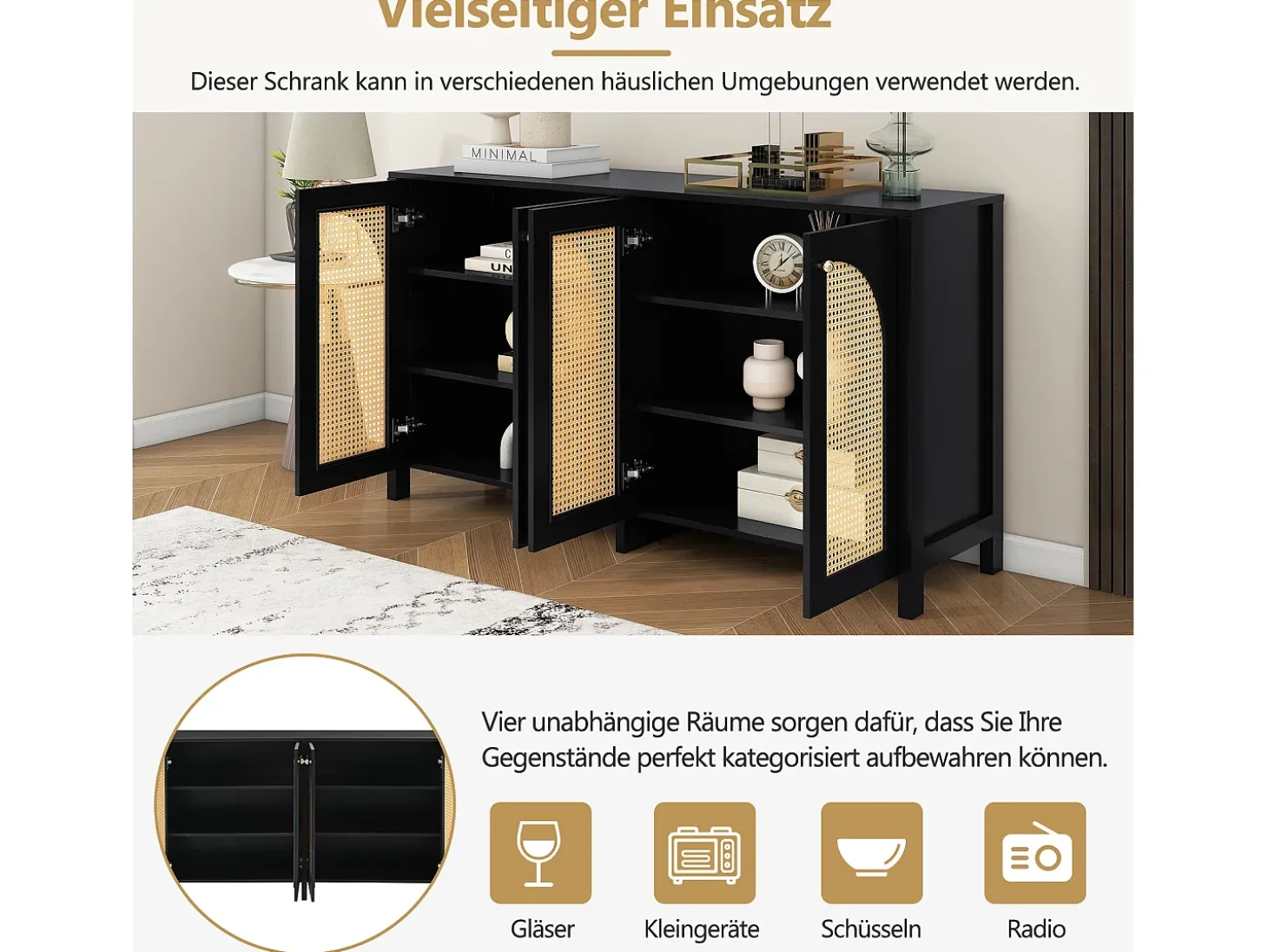 Aparador moderno de 4 puertas, diseño elegante, MDF, negro (145x80x40 cm)