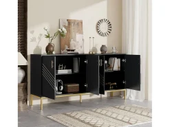 Aparador moderno de 4 puertas en negro y dorado – MDF, patas de metal, para salón y comedor