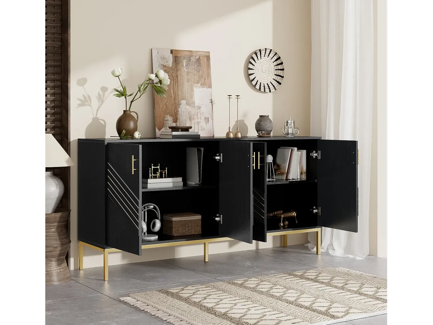 Aparador moderno de 4 puertas en negro y dorado – MDF, patas de metal, para salón y comedor