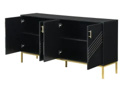 Aparador moderno de 4 puertas en negro y dorado – MDF, patas de metal, para salón y comedor