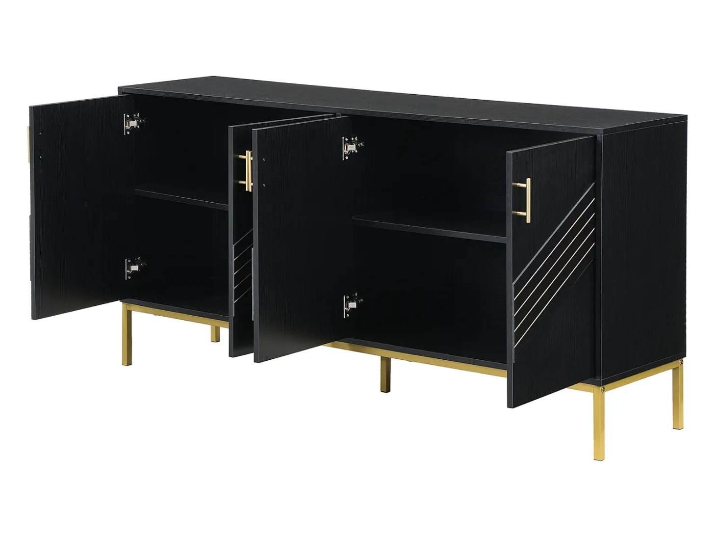 Aparador moderno de 4 puertas en negro y dorado – MDF, patas de metal, para salón y comedor