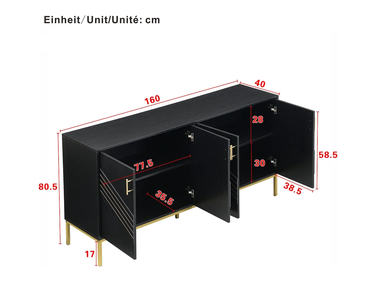 Aparador moderno de 4 puertas en negro y dorado – MDF, patas de metal, para salón y comedor