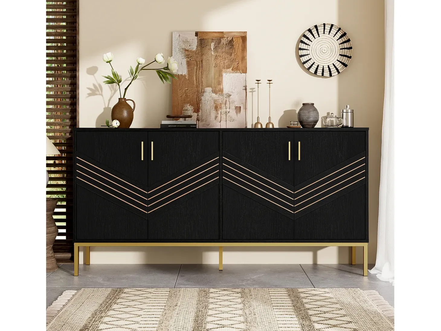 Aparador moderno de 4 puertas en negro y dorado – MDF, patas de metal, para salón y comedor