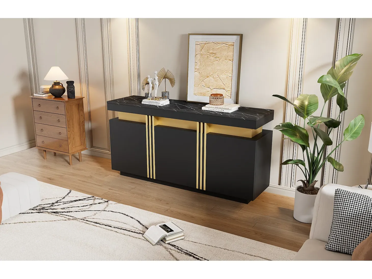 Aparador moderno de 3 puertas con estantes regulables, acabado negro y dorado, (140x38x70 cm)