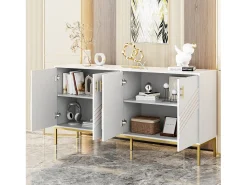 Aparador moderno de 4 puertas, MDF, blanco y madera, con estantes regulables, (160x40x80,5 cm)