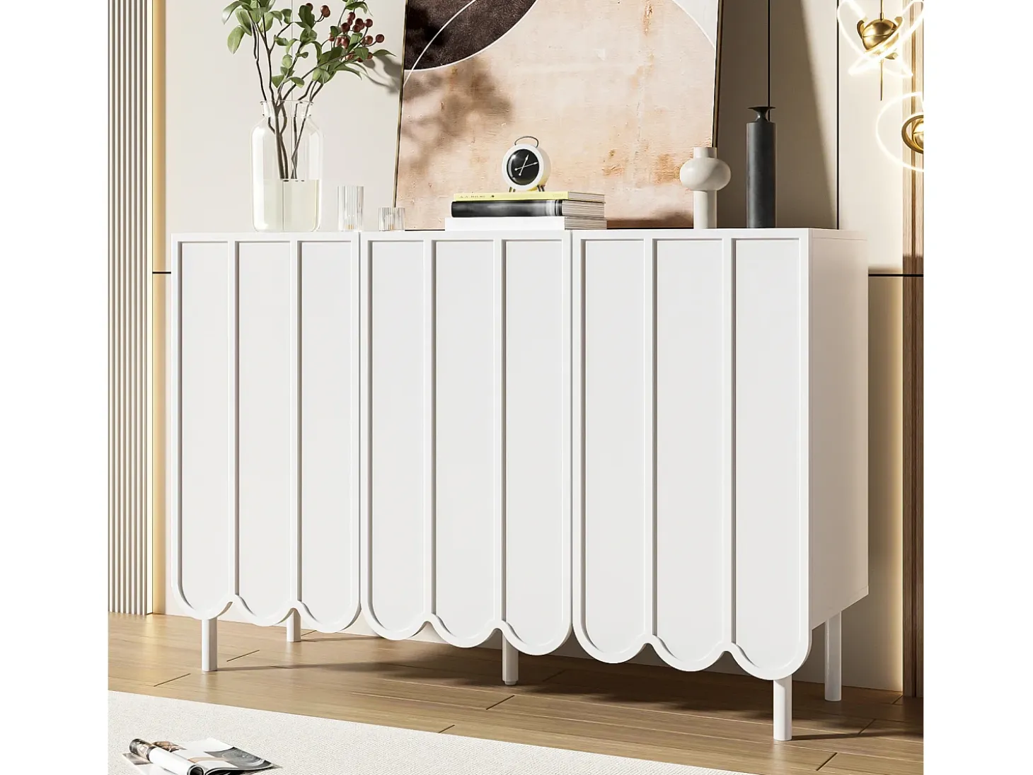 Aparador moderno de madera con puertas onduladas – 120x35x80 cm – para salón, recibidor y comedor, blanco