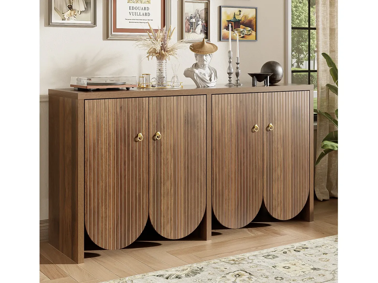 Aparador moderno de madera de nogal, con 4 puertas y estantes regulables, MDF, (147x40x80 cm)